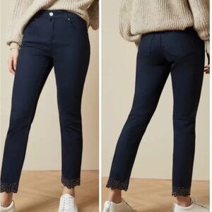 NWT Ted Baker London Daner Jeans Dark Blue Appliqué Hem Detail Straight Leg